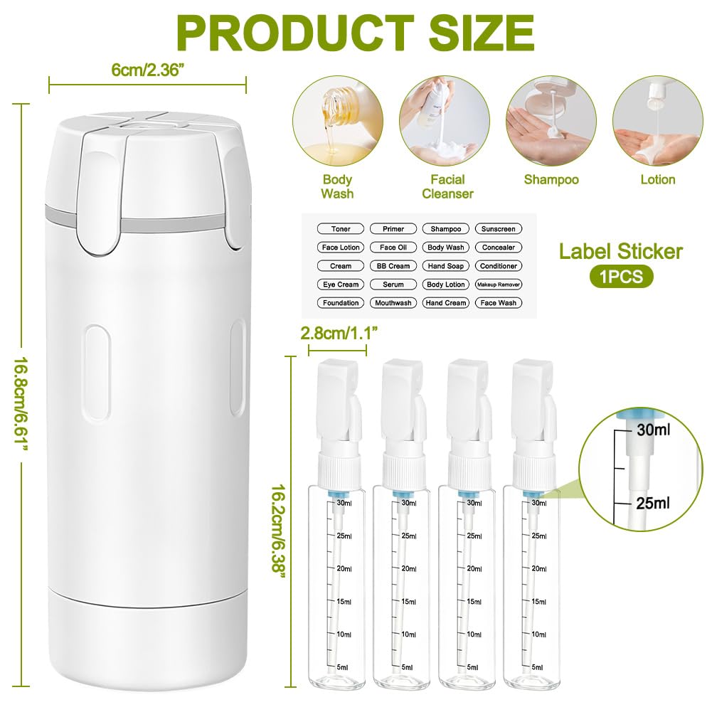 Reiseflaschen zum Befüllen, 4 in 1 Reise-Spenderflasche, auslaufsichere Reisegröße Behälter, Mini Spender mit Skala und Etikett, für Shampoo, Duschgel, Kosmetik -Weiß