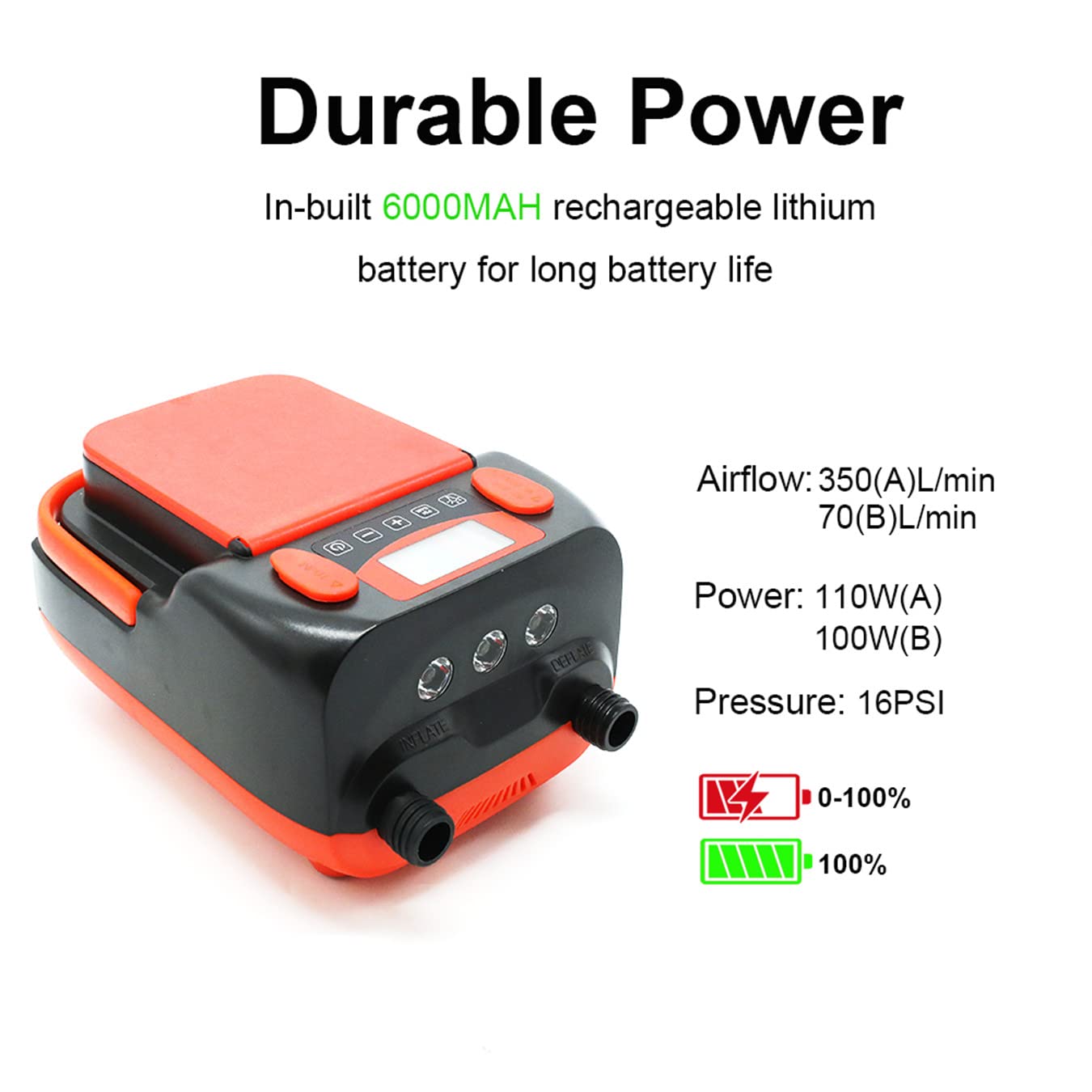 Pompe à air électrique pour SUP et kayak – Pompe à pagaie rechargeable avec fonction de gonflage et de dégonflage 16 psi