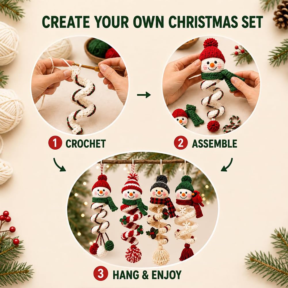 LLELEMAMO Häkelset Weihnachten, DIY-Set für einen Gehäkelten Schneemann als Spiralschmuck, Kreatives Häkelset mit Garn und Zubehör, Weihnachtsdeko und Baumschmuck für Erwachsene (4PCS-B)