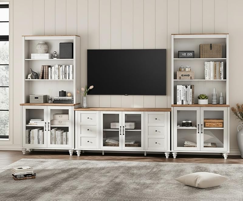 WAMPAT Entertainment Center with Bookshelves for TVs up to 65", Farmhouse Wall Unit TV Stand with Glass Doors, Media Console Table for Living Room, Bedroom & Home Theater, White
