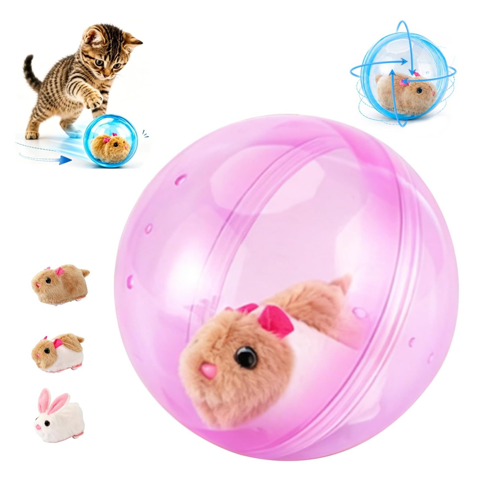 HFDHD 2026 New Self-Rolling Interactive Cat Ball, Realistic Animal 360° Rolling Spin Moving Cat Ball,Fun Indoor Interactive Pet Ball for Cats Dogs Chasing (Pink,Mouse-A)