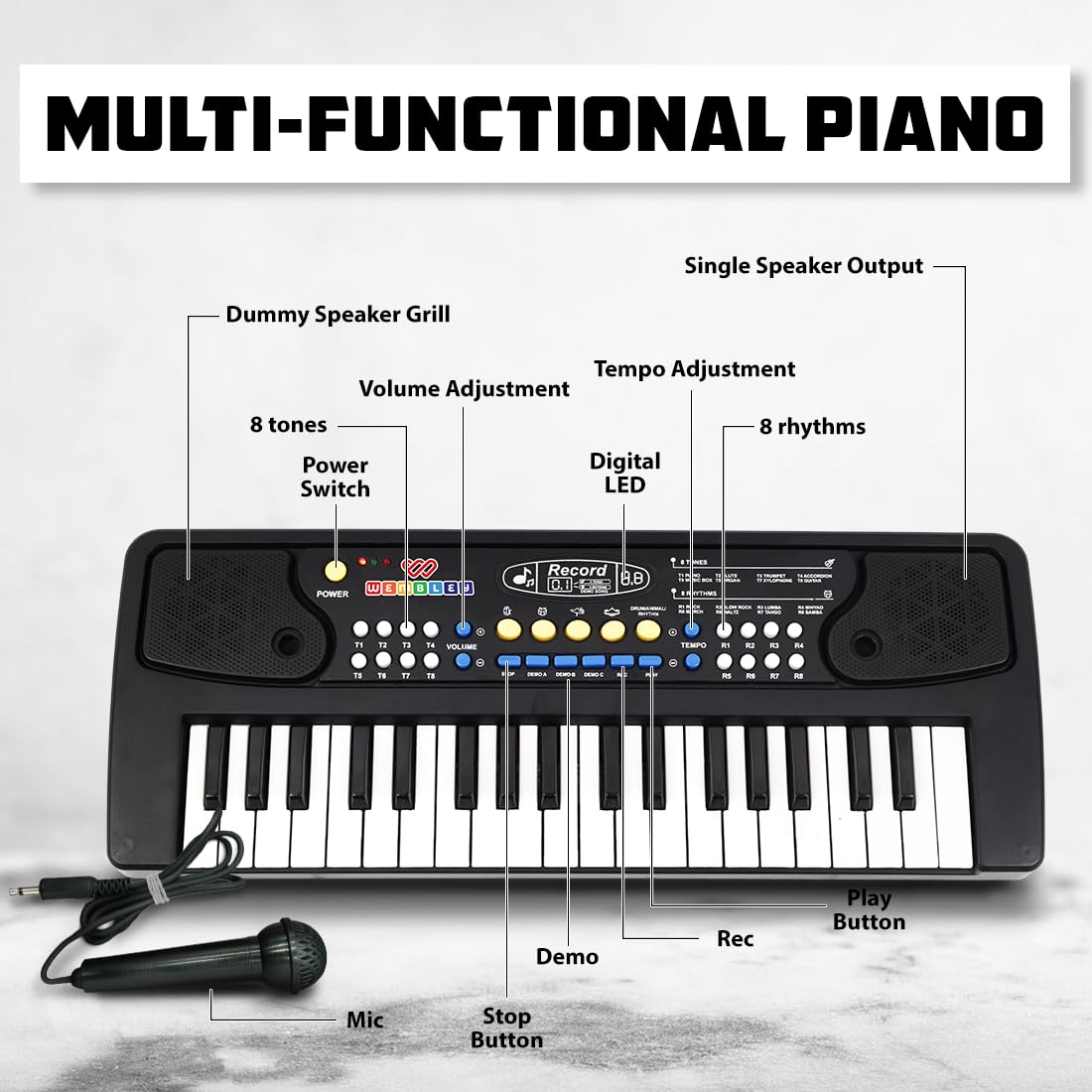 Wembley Kids Piano with Mic - Rechargeable & Portable Electronic Keyboard Musical Toy for Beginners Boys & Girls Ages 3-9 Years with Recording, 37 Keys, 8 Rhythms, 8 Tones, 6 Demos Function - Black - Image 3 thumbnail