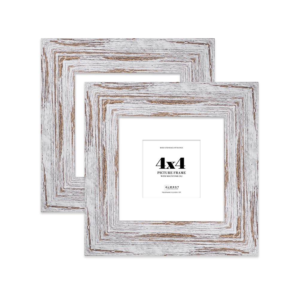 4x4" Distressed Wood Square Frame With Mount for 2x2" Pictures 28mm Edge Frame Display with Wall Hooks and Kickstand, 2 Pack