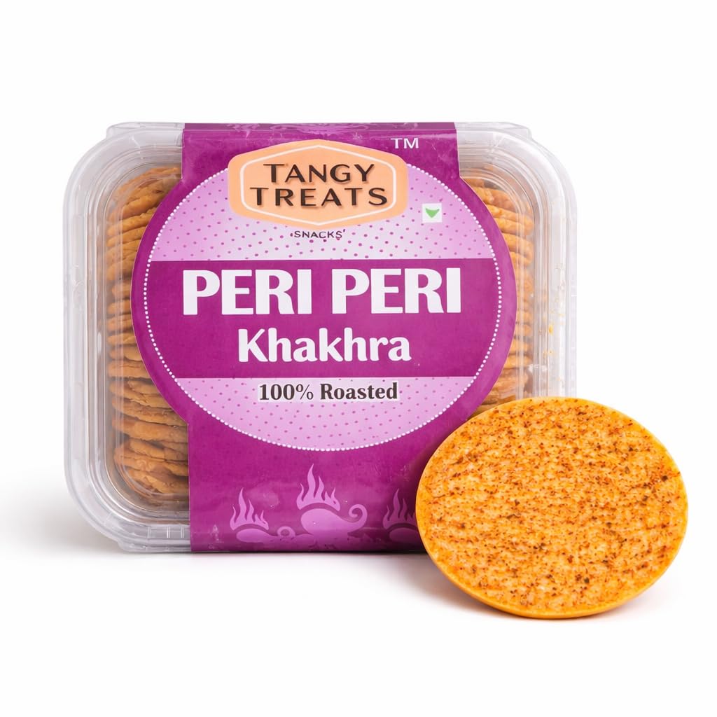 Tangy Treats Peri Peri Coin Khakhra 200g Each | 75 Pieces (2.5 Inch Each) | 100% Roasted Indian Snack | Spicy Peri Peri Flavoured Wheat Khakhra | Healthy Tea-Time Snack (1 box)-image-49