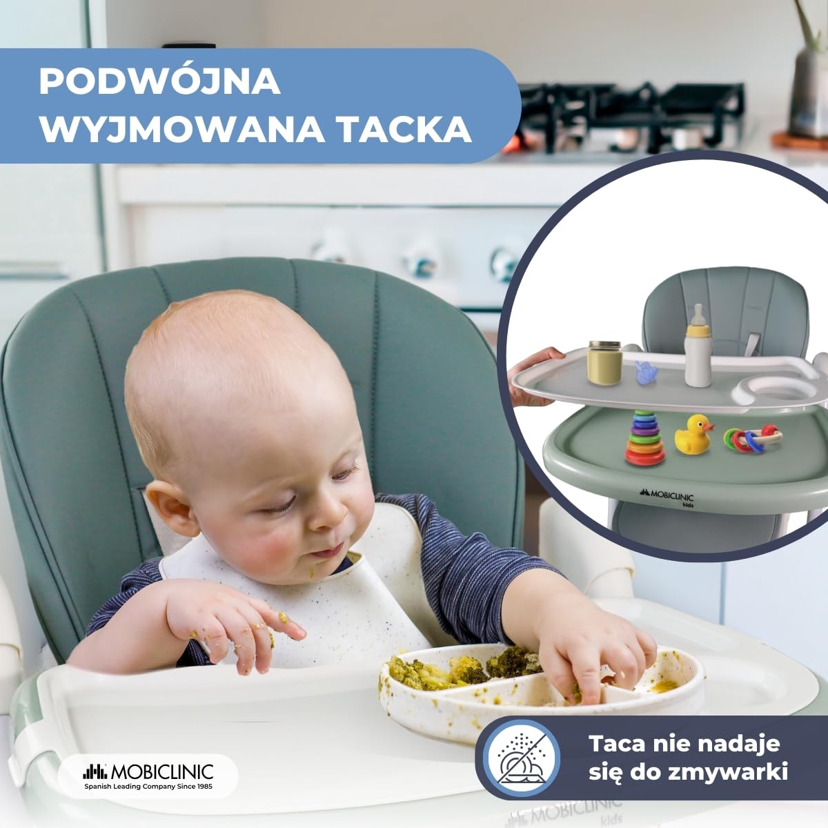 Mobiclinic®, Wysokie krzesełko dla dziecka, Evolutive, Dodatkowe składanie, Możliwość przekształcenia w wysokie krzesełko, Simba, 5-punktowe, Kółka z hamulcami, Podwójna wyjmowana tacka