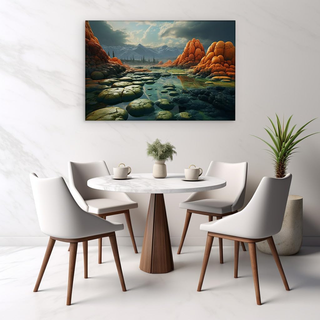 Canvas for Living room. Whispers of Sunlight Through the Ominous Sky: A River's Journey Through the Majestic Canyon, 27 x 18 inch Canvas Wall Art - Ready to Hang