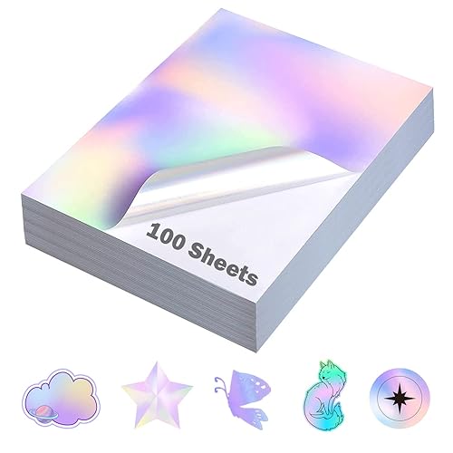 QiXin 100 Sheets Holographic Sticker Paper 8.5 x11 inch for Inkjet Printer & Laser Printer US letter size Holographic Printable Vinyl Rainbow Sticker Printer Paper Adhesive Waterproof Vinyl - 100 × Holographic Rainbow
