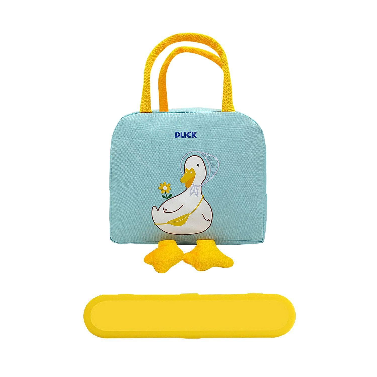 Large Capacity Thermal Lunch Bag with Bento Storage and Portable Cutlery Box - Cute Design, Blue