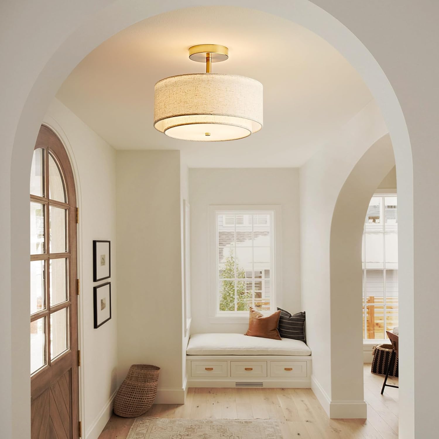 Double Drum Semi Flush Mount Ceiling Light, 3-Light Fabric Linen Shade Design Farmhouse 12.6'' Gold Light Fixture for Living Room, Bedroom, Kitchen, Dining Room, Entryway, Hallway