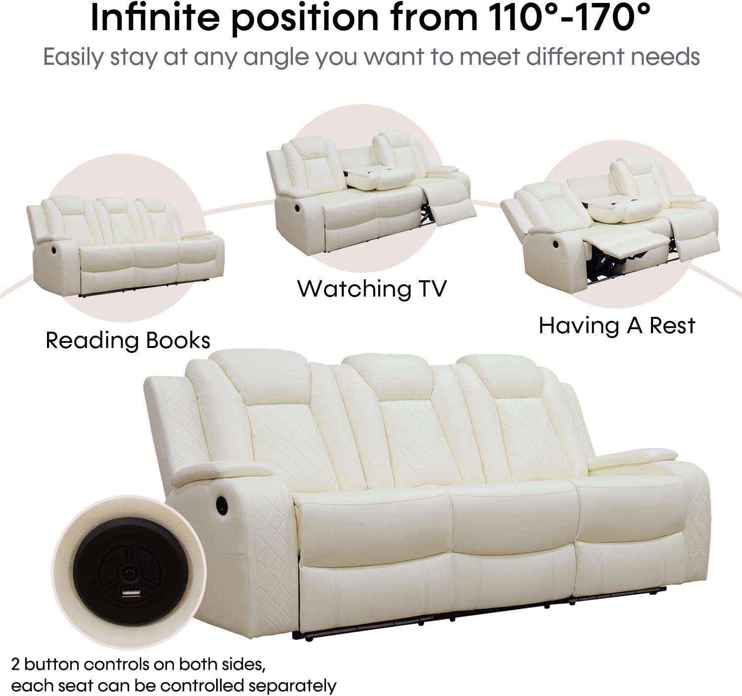 Power Recliner Sofa Set with LED Lights,Leather Reclining Sofa with USB Port/Storage Console/Cup Holder,Living Room Furniture Set for House/Home Theater(3 Piece Set,Creamy)
