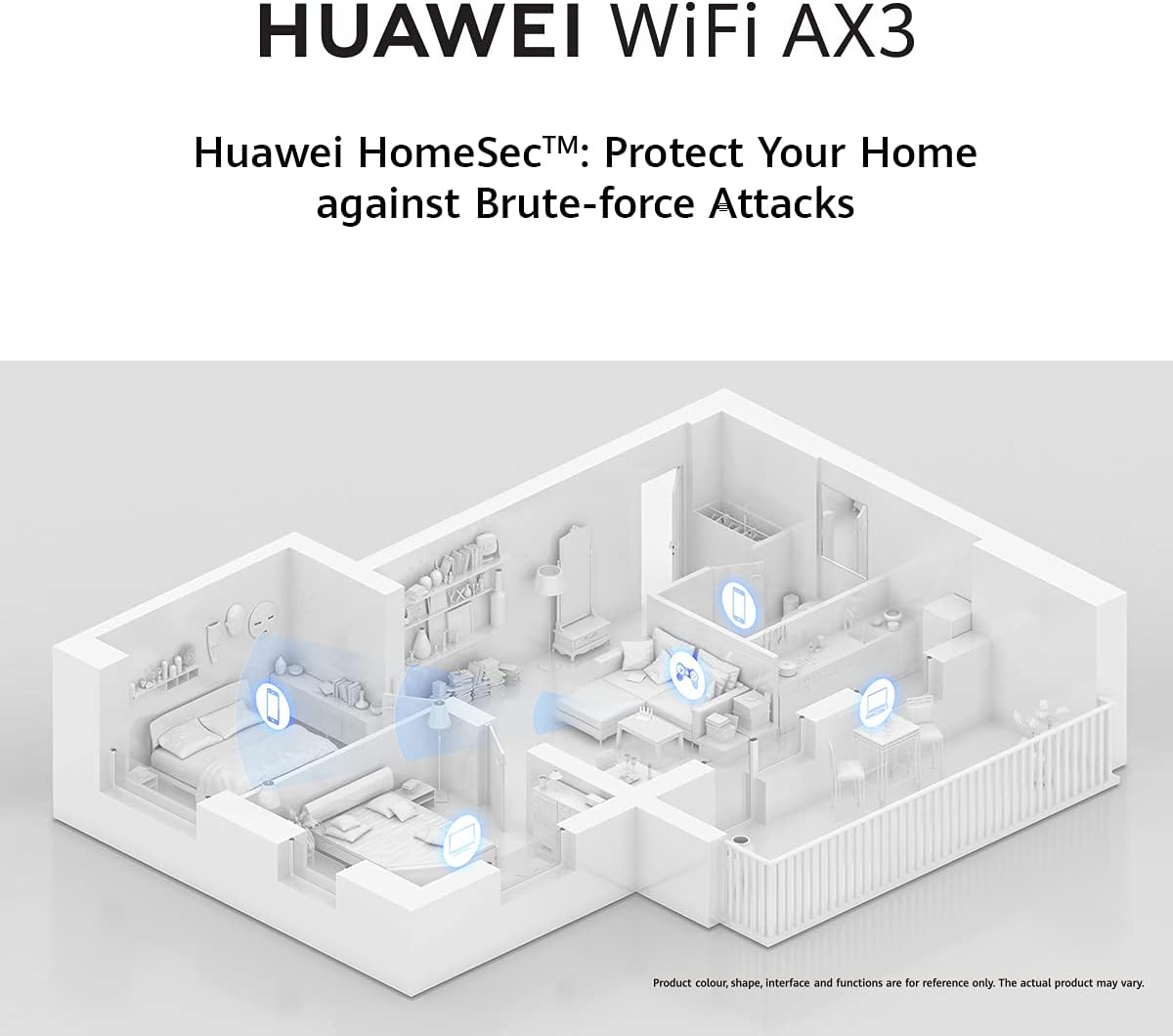 Diagram showing a house layout with devices protected by Huawei HomeSec security