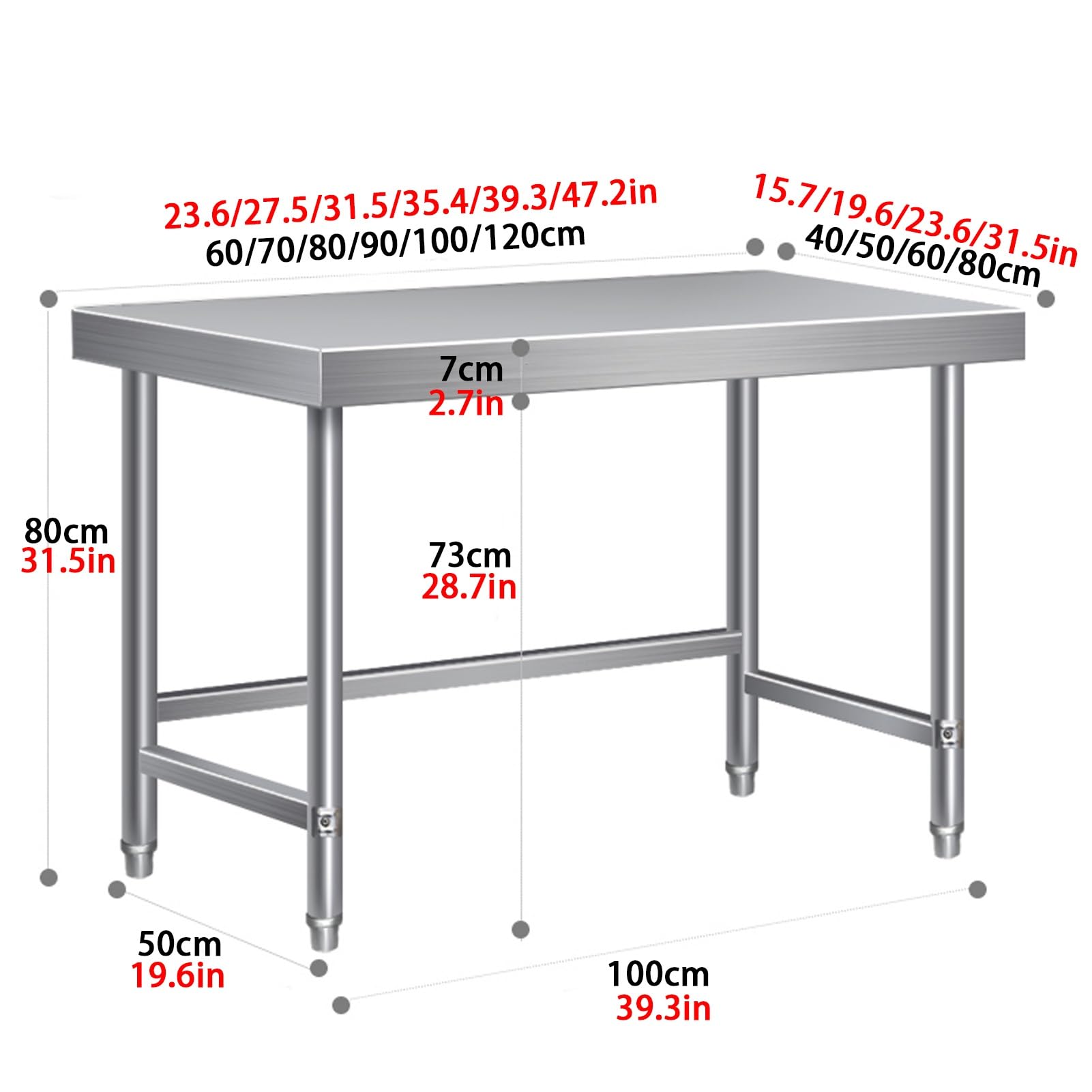 Tavolo da cucina commerciale in acciaio inox, altezza regolabile, per preparazione di alimenti, catering e uso familiare (80 x 60 x 80 cm), postazione di lavoro versatile