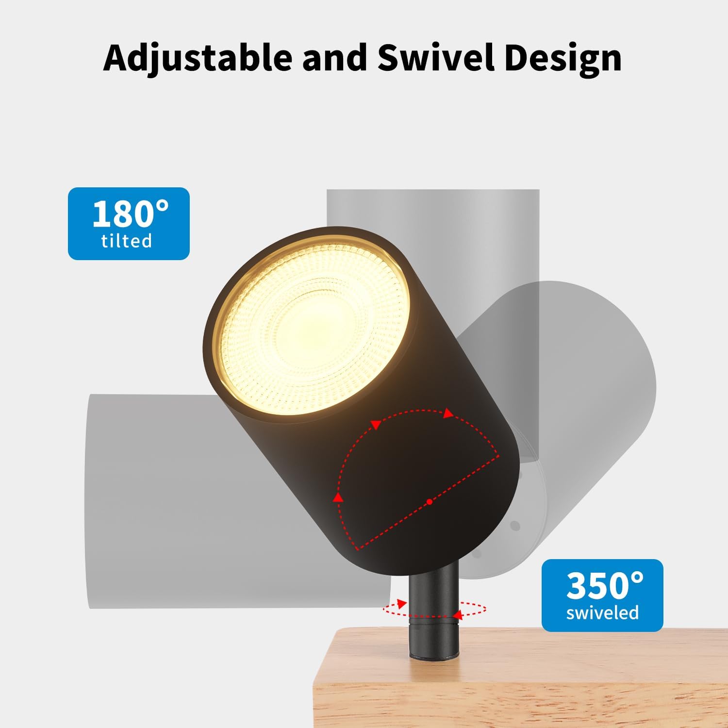 Diagram showing a single black GU10 spotlight tilting 180 degrees and swiveling 350 degrees.