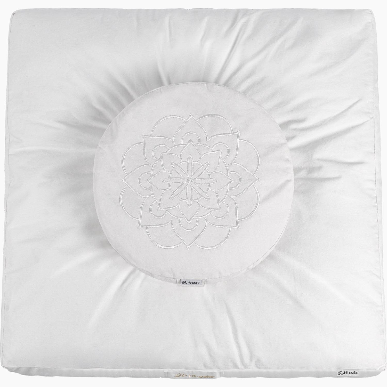 Hihealer Meditation Cushion Set Large Velvet Floor Pillow & Traditional Tibetan Yoga Bolster for Adults Zafu Meditation Mat with Buckwheat Filling (Pure White)