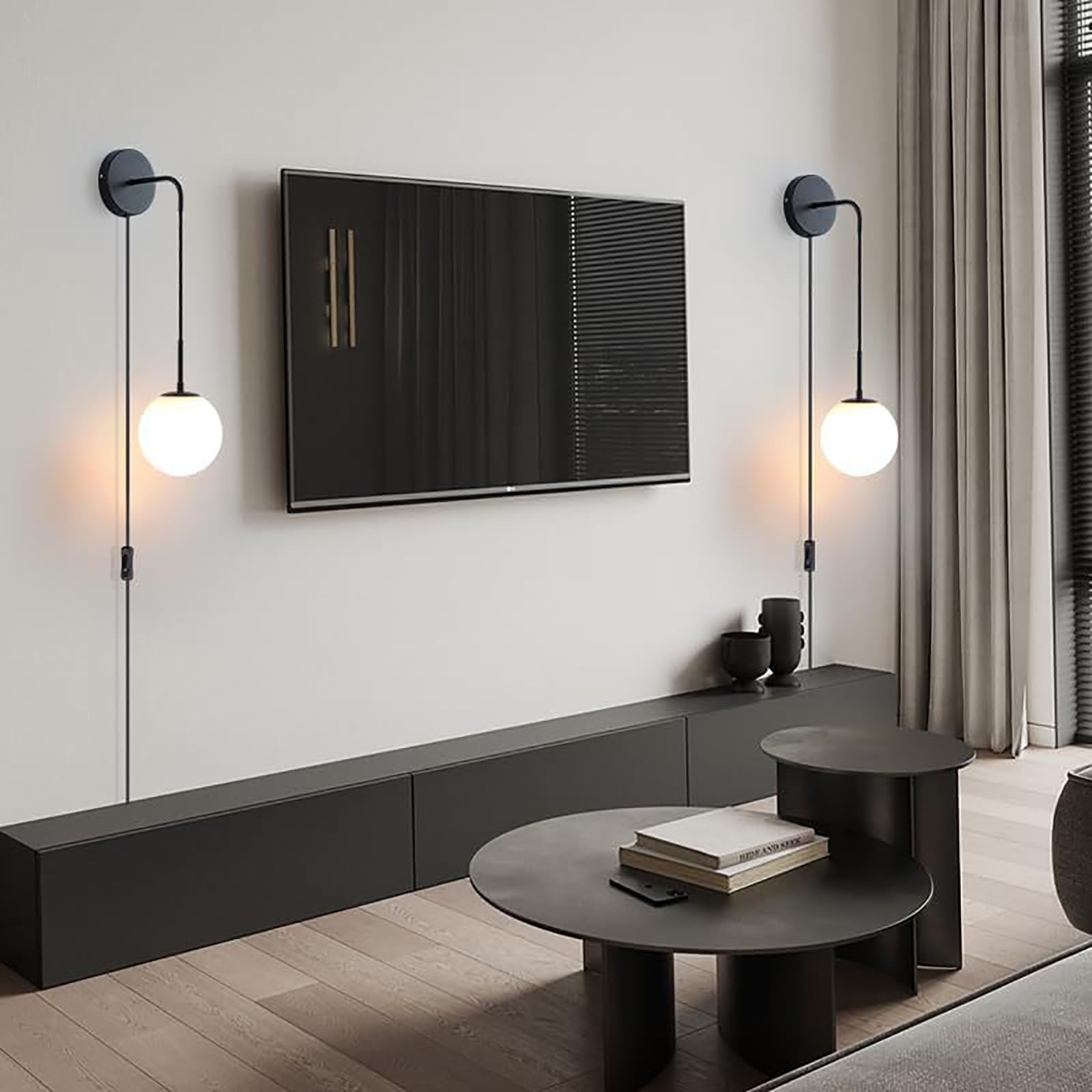 HYJAUSXB Set of 2 Black Globe Wall Lamps with Plug and Cord Mid-Century Glass Sconces for Bedroom Living Room Decor