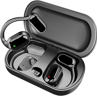 Bluetooth Headphones, Wireless Earbuds Wireless Charging Case Digital LED Display Over-Ear Earphones with Earhook Waterproof Headset with Mic for Sport Running Workout (Inky Black)