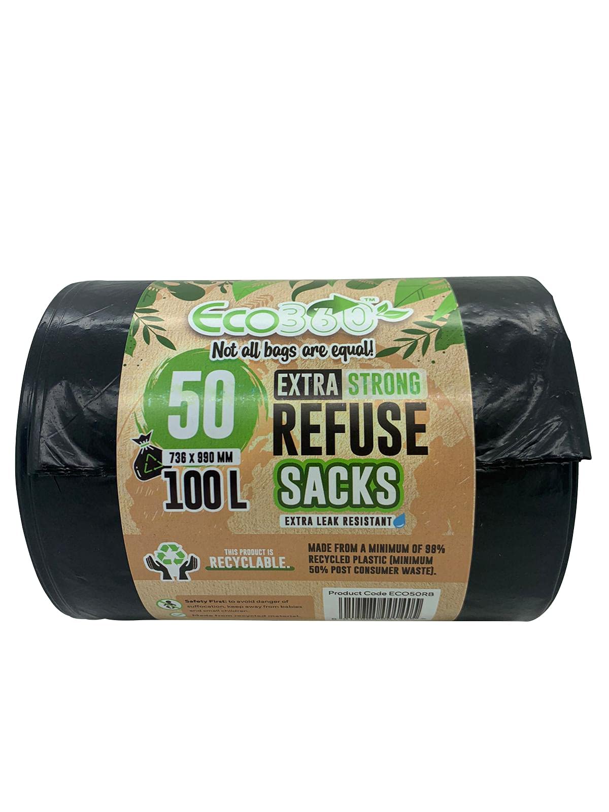 EcoBag - 50 Pack Heavy Duty Bin Bags - 100L - 35 Microns - Recyclable,Leak Resistant Seal, Eco-Friendly Rubbish Bag, Sustainable Refuse Sack for Home, Office & Kitchen (736 x 990 mm)