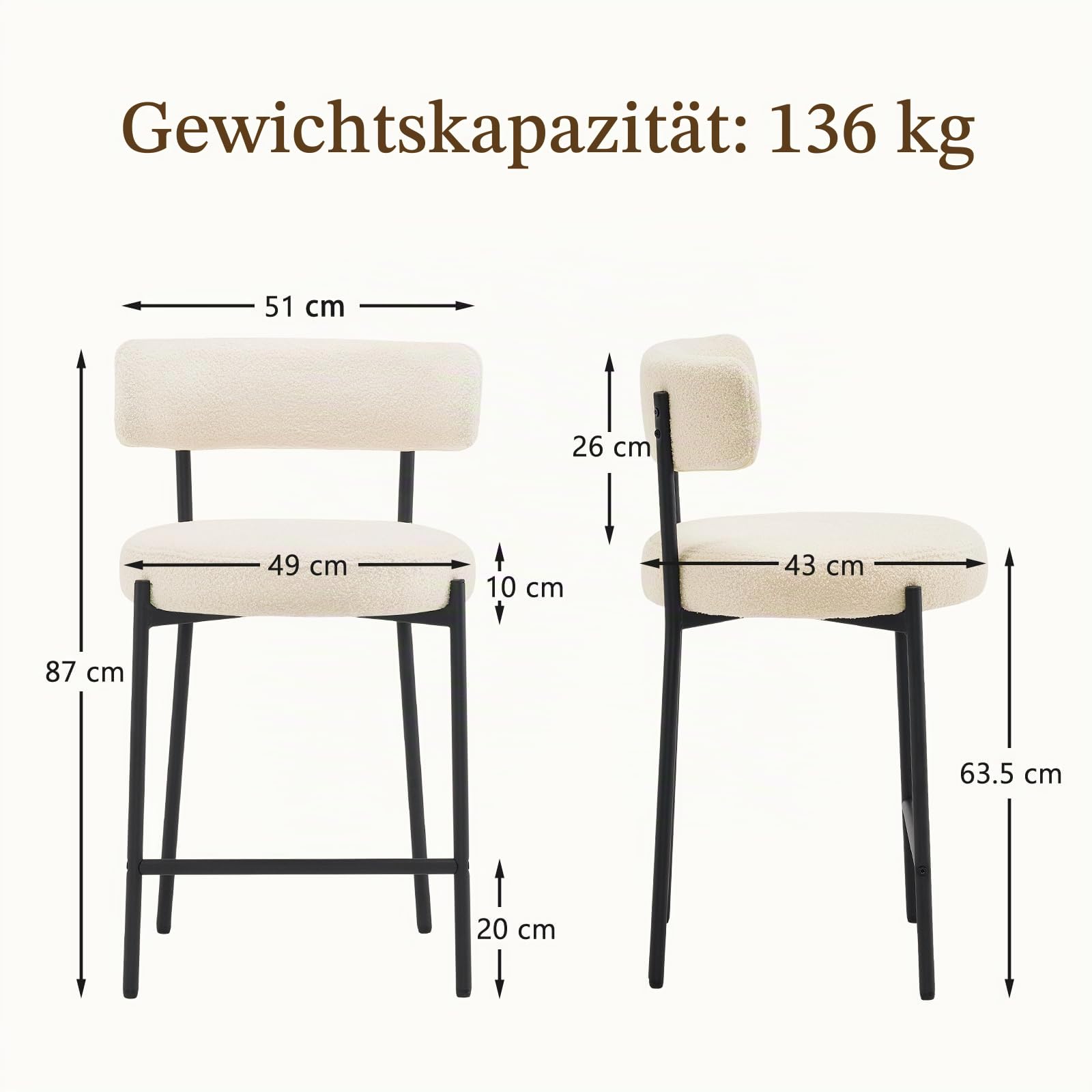 Barhocker 2er Set, 63.5cm Sitzhöhe Barstuhl Küchenstuhl, Tresenhocker Bistrohocker mit Rückenlehne und Fußstütze, Gepolsterte Küchenhocker Esszimmerstuhl für Kücheninsel, Bar, Esszimmer, Weiß