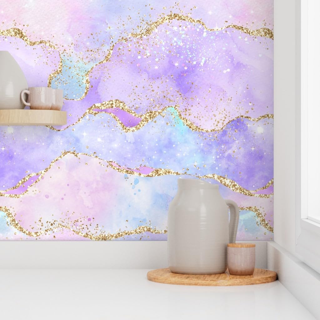 Spoonflower Peel & Stick Wallpaper Swatch - Pastel Watercolor Lilac Purple Lavender Blue Purple Clouds Sky Custom Removable Wallpaper