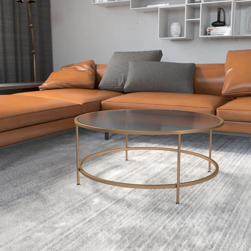 Flash Furniture Astoria Collection Round Coffee Table - Modern Clear Glass Coffee Table - Matte Gold Frame : Home & Kitchen