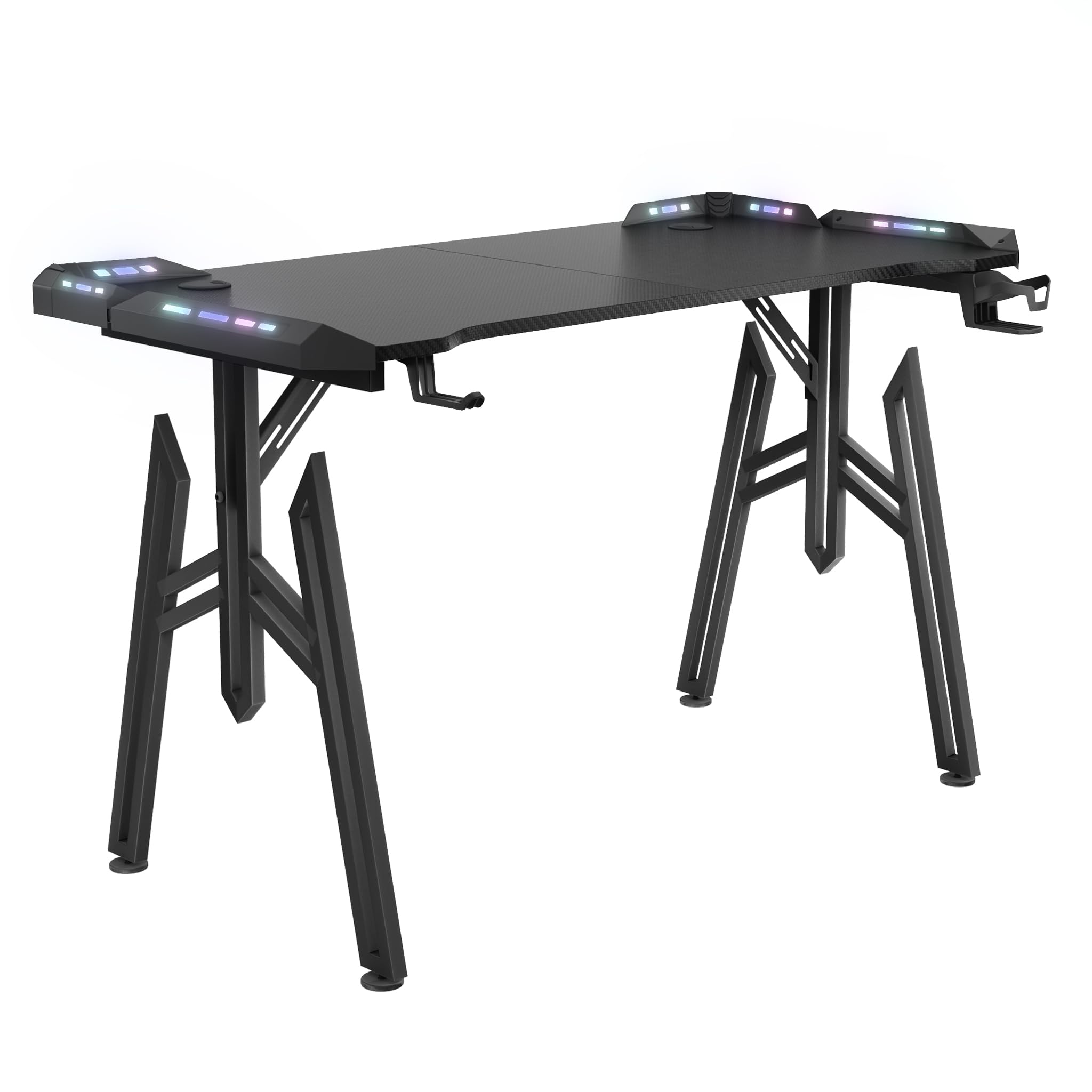 UISEBRT 160x60x73cm Mesa Gaming M-Frame con LED, Mesa de Ordenador con Portavasos y Gancho para Auriculares, Superficie de Fibra de Carbono, Mesa Gaming, Negro, Mesa Ergonómica Gamer para Dormitorio