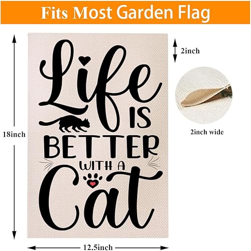 Miniatura 2 de Bandera de jardín con diseño de gato Life is Better with Cat Yard Sign de arpillera de 12.5 x 18 pulgadas, divertidas banderas de patio de doble