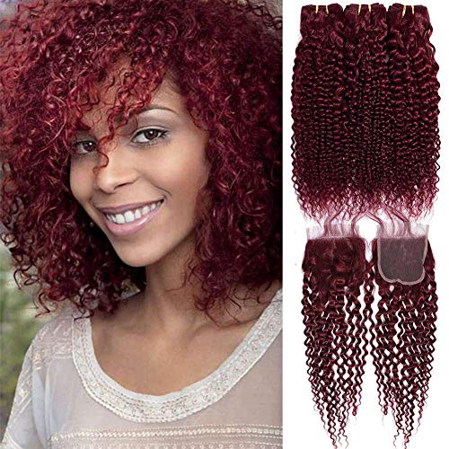 Brazilian Kinkly Curly Bundles 99j Curly Hair Bundles with Lace Frontal Closure Red Wine 100% Human Curly Hair Bundles and Closure with babay Hair Free Part Curly Closure 4x4(16"18"20"+16"closure)
