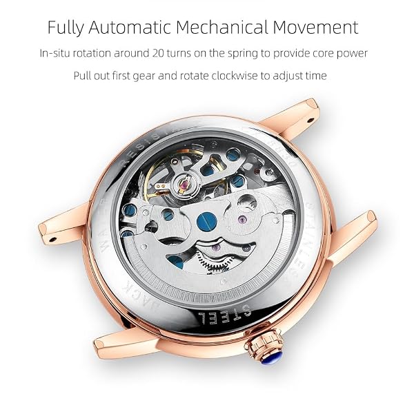 MASTOP Women's Sapphire Watches Automatic Steampunk Self Winding Mechanical Gold Bracelet Ladies Skeleton Wrist Watch Leather Strap for Ladies Famale (Steel Love) by MASTOP - Used condition - Image 7