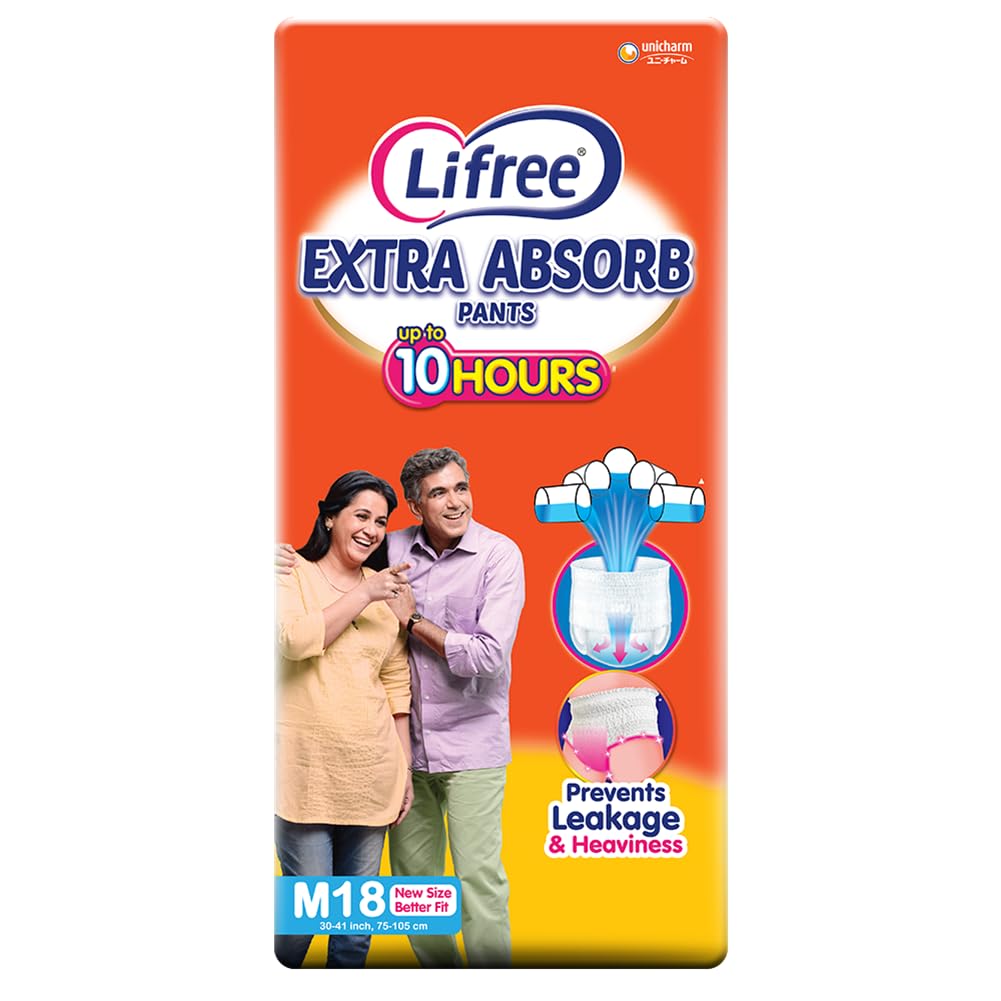 Lifree Extra Absorb Adult Diaper Pants | Size M | Waist (30-41 Inches) |Upto 10 Hours Absorption | Prevents Leakage & Heaviness | 18 Count