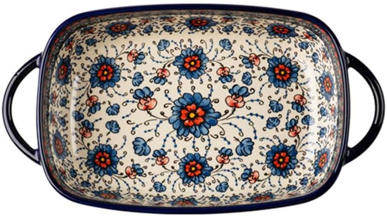 Bohemian Ceramic Large Bakeware with Double Handle, Rectangular Lasagna Pan Vintage Pastoral Baking Dish Porcelain Baking Pan for Kitchen Cooking Dinner,Microwave Safe 33.6X19X7.1CM C