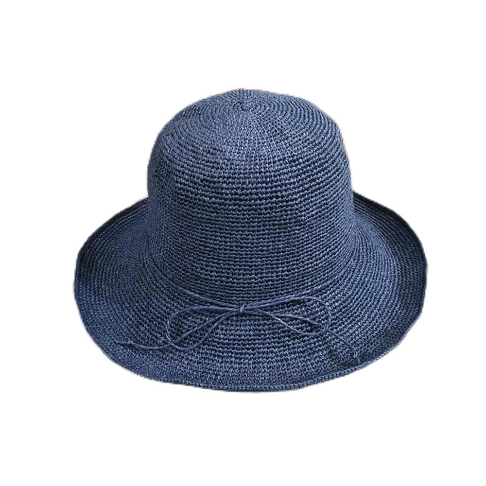 DIRKES Women Fashion Summer Crochet Straw Cap Sun Protection Raffia Wide Brim Foldable Straw Hats Navy Blue