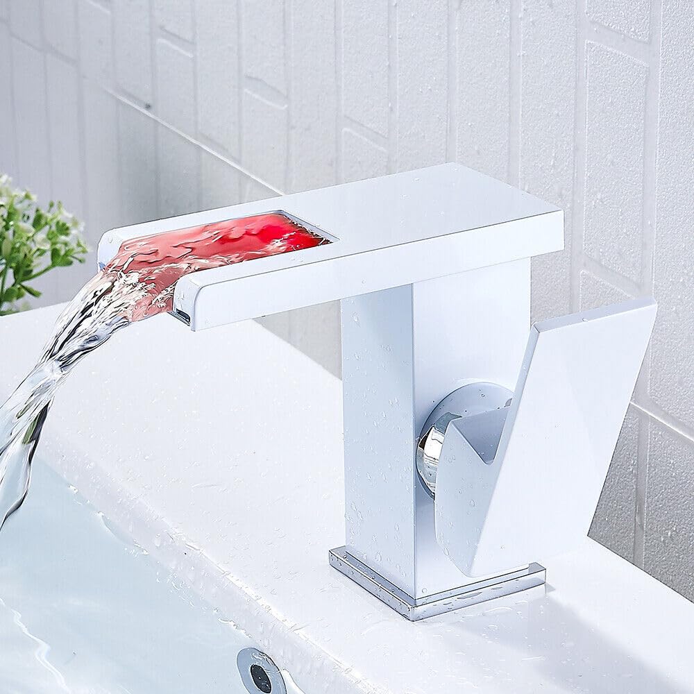 Robinet de salle de bain LED, blanc, robinet cascade avec 2 tuyaux, robinet de lavabo moderne à levier unique pour salle de bain, en laiton, robinet cascade