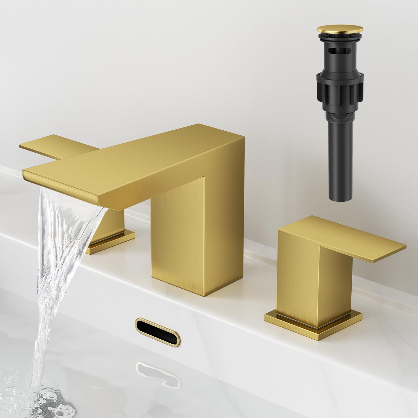 RUMOSE Widespread 8 Inch Bathroom Faucets Two Handle 3 Hole Brushed Gold Bathroom Sink Faucet with Pop Up