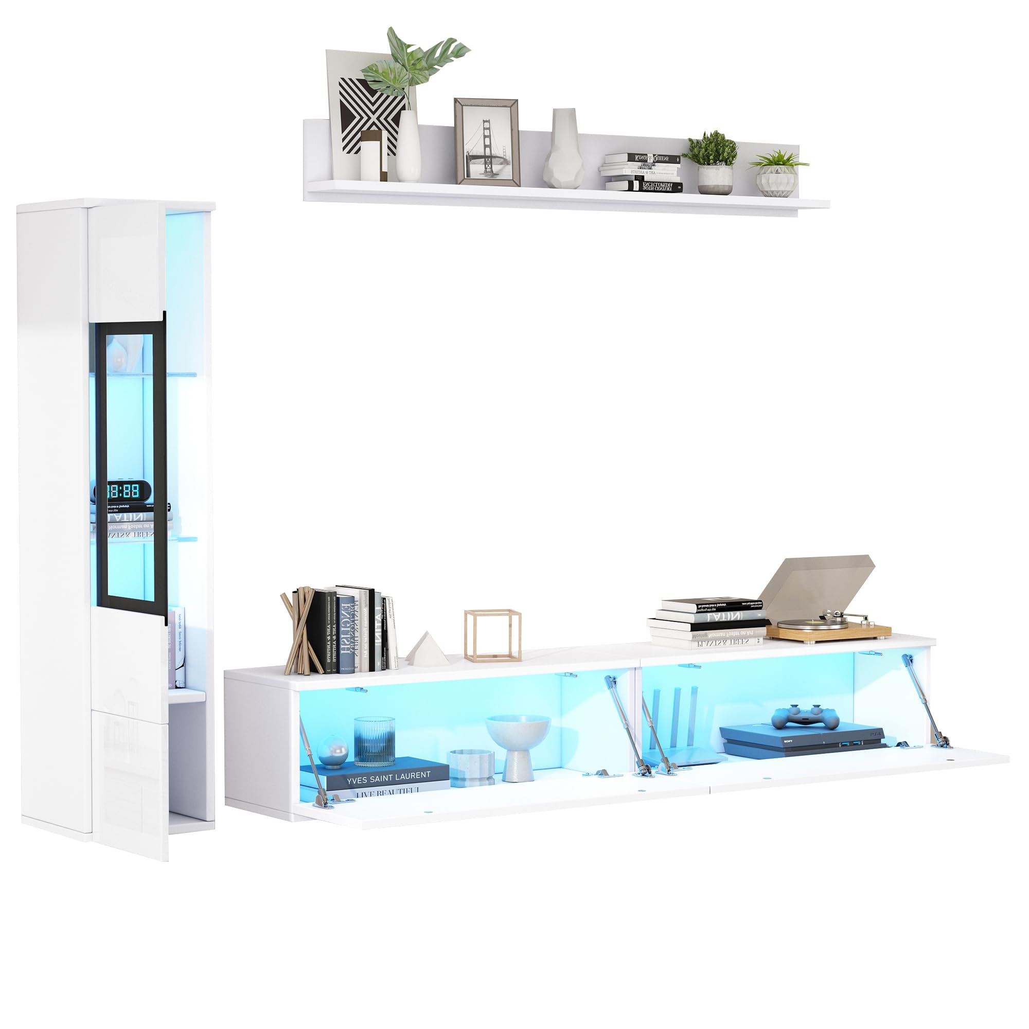 Set di 3 mobili per soggiorno, TV, illuminazione LED, colore: bianco brillante, 1 armadio, 1 mensola sospesa, 1 vetrina
