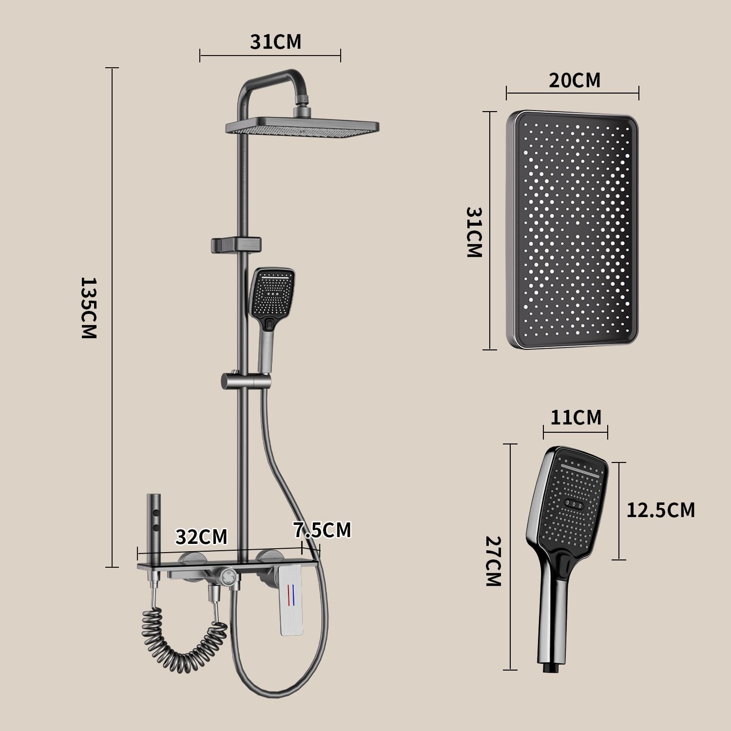 Duscharmatur Komplett Set, Regendusche mit Armatur Schwarz, Handbrause, Duschpistole & Wannenarmatur, Dusche Komplett mit 132cm Duschsäule, für Badzimmer