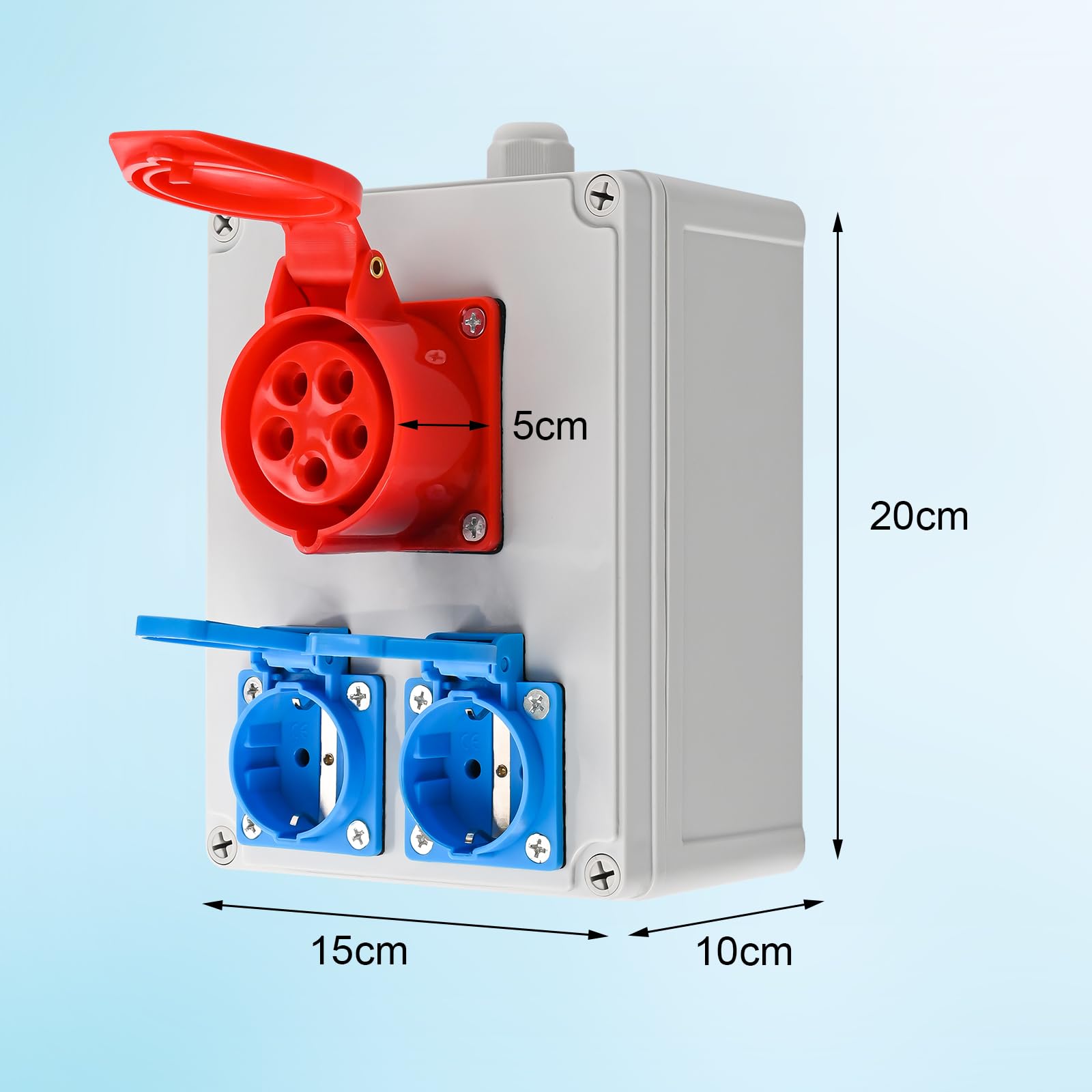 TEOV Kombi Wandsteckdose, CEE-Steckdose 5 polig 16A 400V + 2x Schuko-Steckdose 220V, IP44 Wandsteckdose mit Abdeckung