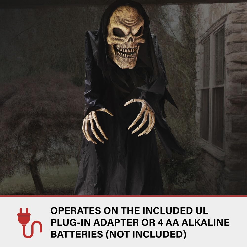 Haunted Hill Farm Motion-Activated Hunched Skeleton Reaper by Tekky, Talking Scare Prop Animatronic for Indoor or Covered Outdoor Creepy Halloween Decoration, Plug-in or Battery Operated