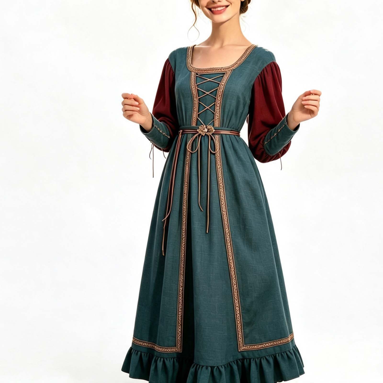 Generico Abito Da Ballo Donna Medioevale Manica Lunga Gotico Pirata Vintage Vita Alta Sera Vichinga Bavarese Halloween Carnevale Abbigliamento Cintura Donna Autunno Inverno Vestito Top