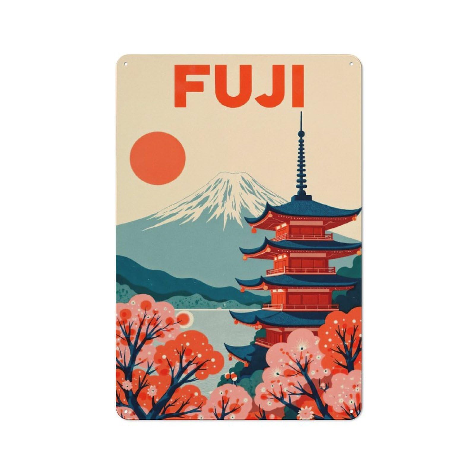 Junmoney Fuji Mountain And Pagoda Illustration Tin Sign With Design 30X20cm, Vintage Shed Wall Decor For Greenhouse, Garden Room, Cafe Or Entryway