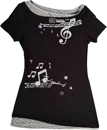 Womens Y2K Off Shoulder Graphic Tee 2000s Music Print Shirt w/Polka Dot Lining, CuteCore Harajuku Kawaii Top