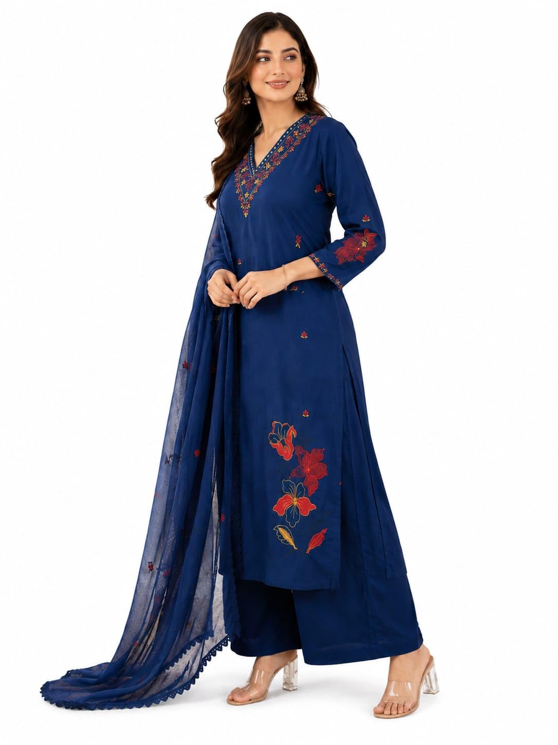Women's Navy Blue Embroidered Kurta Palazzo Dupatta Set | 3-Piece Ethnic Suit Set | V-Neck Straight Kurta with Floral Embroidery-image-36
