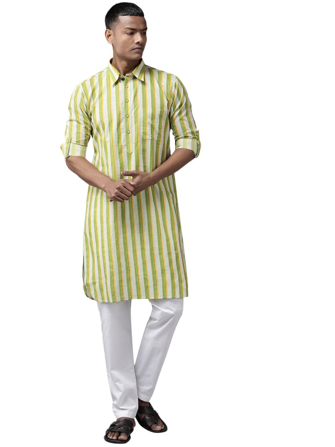 See Designs Men Lime Green Regular Pure Cotton Pathani Printed Men's Kurta_Sdpkt1159L