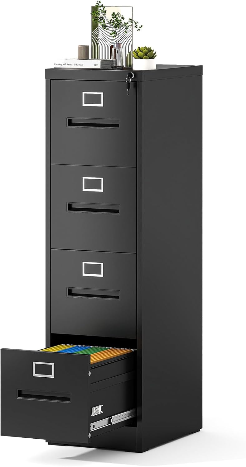 4 Drawer File Cabinet with Lock, Metal Vertical Filing Cabinet for Home Office, Office Furniture for Organization Hanging Files for A4/ Legal/Letter, Heavy Duty Storage Cabinet,Require Assembly-Black