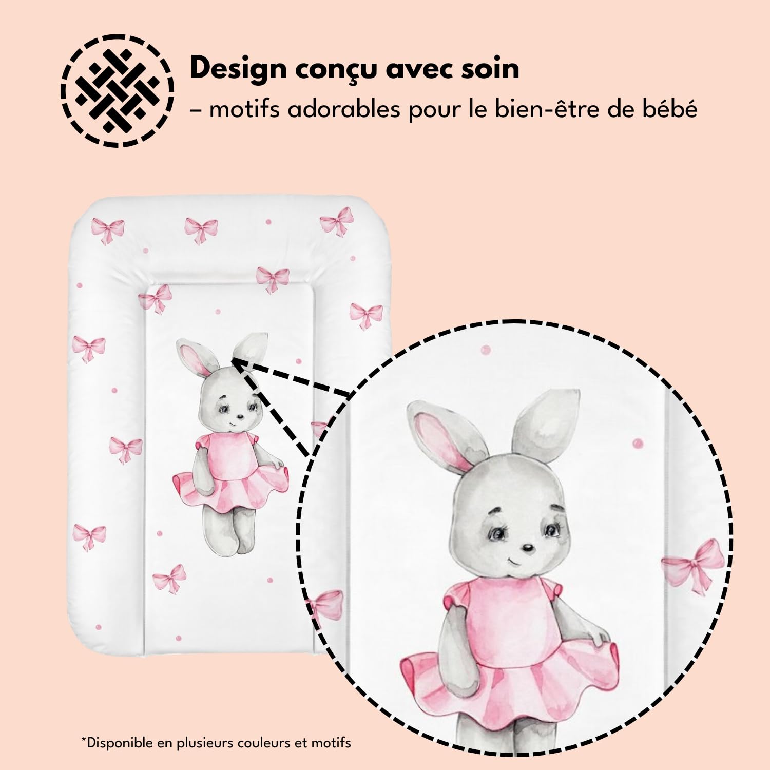 Matelas à langer 50x70 cm blanc avec lapin fille – imperméable & facile à nettoyer, doux pour nouveau-né – coussin à langer pour table à langer – matelas de change bébé