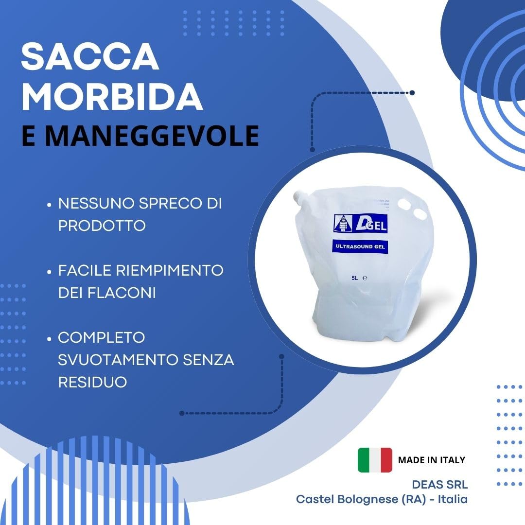 DGel - Gel conduttore 5 Litri AZZURRO Ultrasuoni, Ecografia - SACCA MORBIDA COMPLETO SVUOTAMENTO SENZA RESIDUO - Made in Italy 2 pezzi