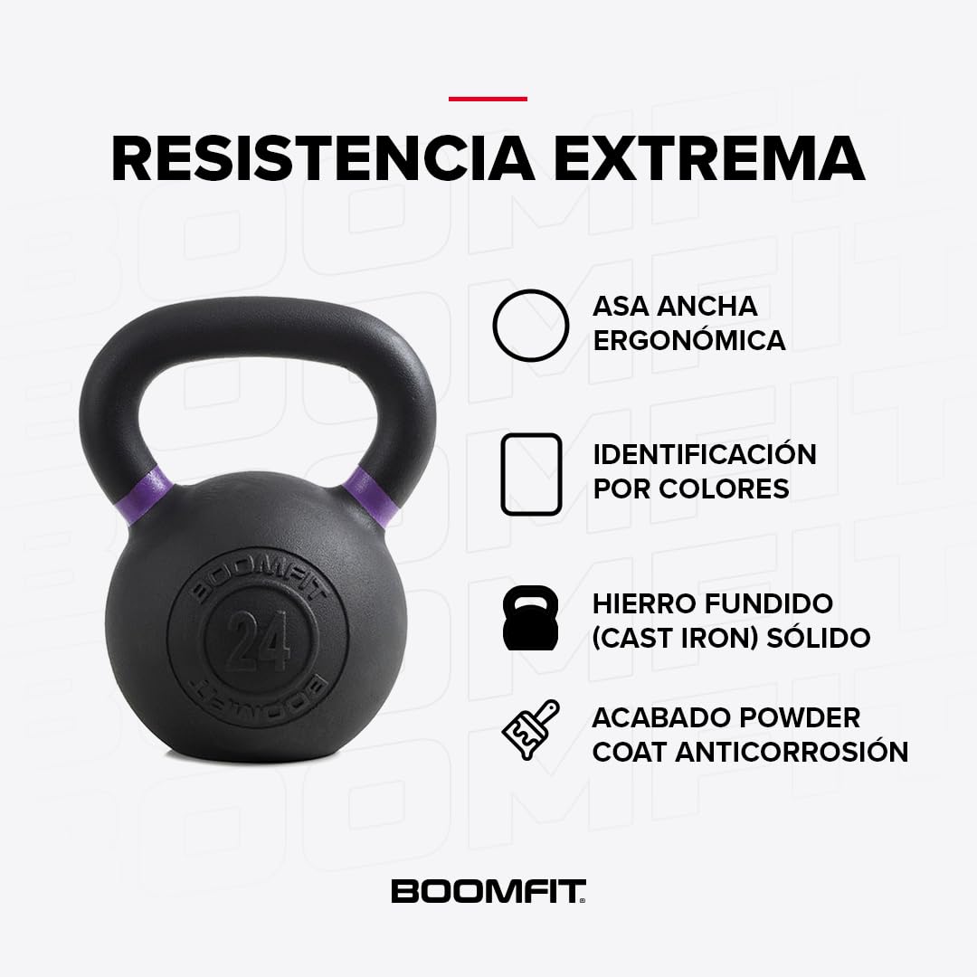 BOOMFIT Kettlebell aus Gusseisen mit schwarzer Pulverbeschichtung | Klassische Kugelhantel für Krafttraining Zuhause und Studio | Ideal für Swing Squat und CrossFit | 4 bis 24 kg