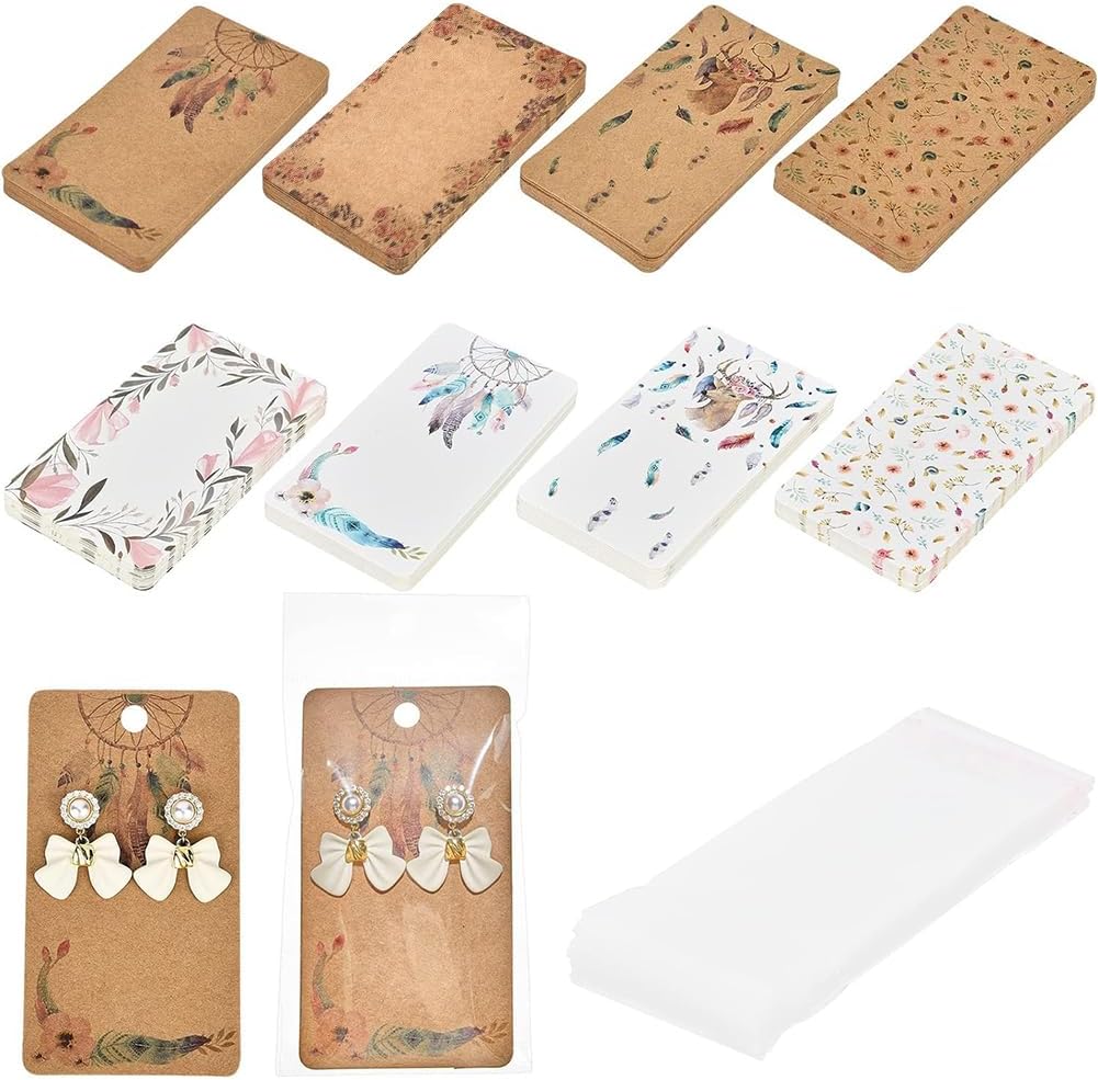 FINGERINSPIRE 160pcs 8 Styles Cardboard Earring Display Cards Earring Card Holder with 100pcs Self-Sealing Bags Rectangle Pre-Punched Display Holder, Jewelry Display Tag