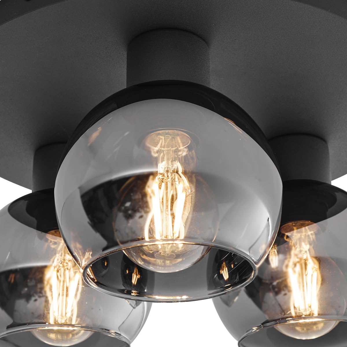 Qazqa Art Deco Deckenleuchte, Deckenlampe - Vidro - Schwarz mit Rauchglas, Rund, 3-flammig, 32cm, Ideal als Flur, Schlafzimmerlampe und Wohnzimmerlampe