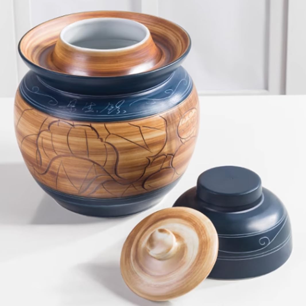 Duży ceramiczny słoik na kiszonki z pokrywkami, tradycyjny chiński porcelanowy słoik na kiszonki, ceramiczny garnek do fermentacji z pokrywką z uszczelką wodną (1,5 kg)(1.5Kg)