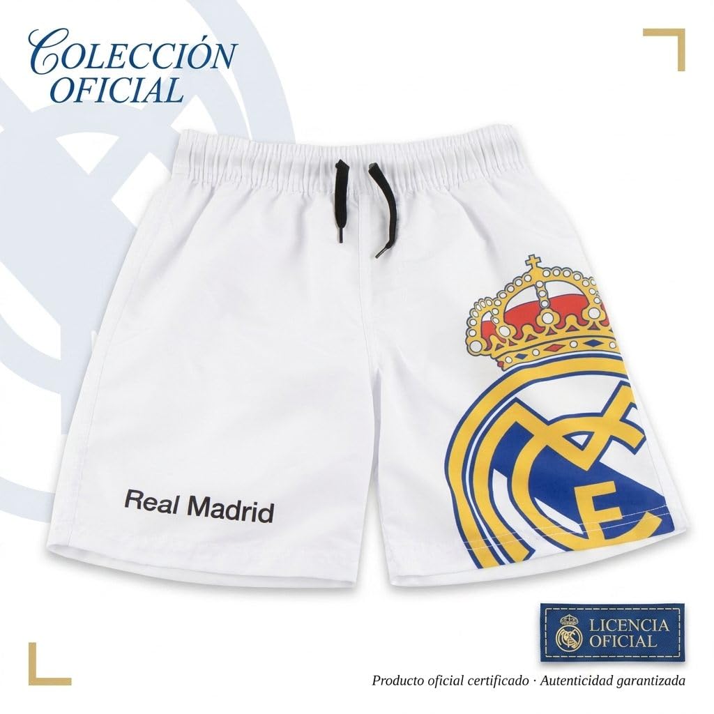 Maillot de Bain garçon Real Madrid - Maillot garçon Real Madrid Plage et Piscine - Séchage Rapide, Résistant au Chlore